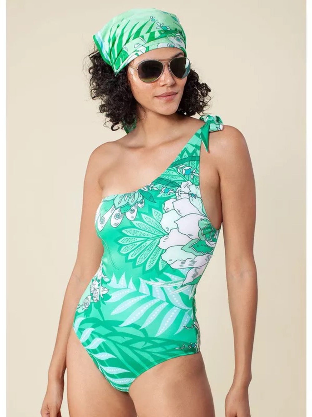 Hale Bob Designer Green Tropical One-Shoulder Swim One-Piece